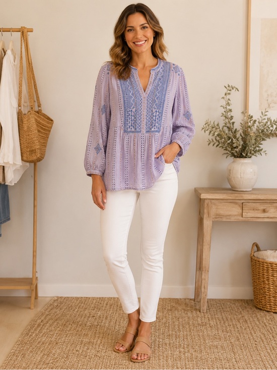 J. Jill Tops - J.Jill Purple Embroidered 100% Cotton Boho Blouse Top M Petite
